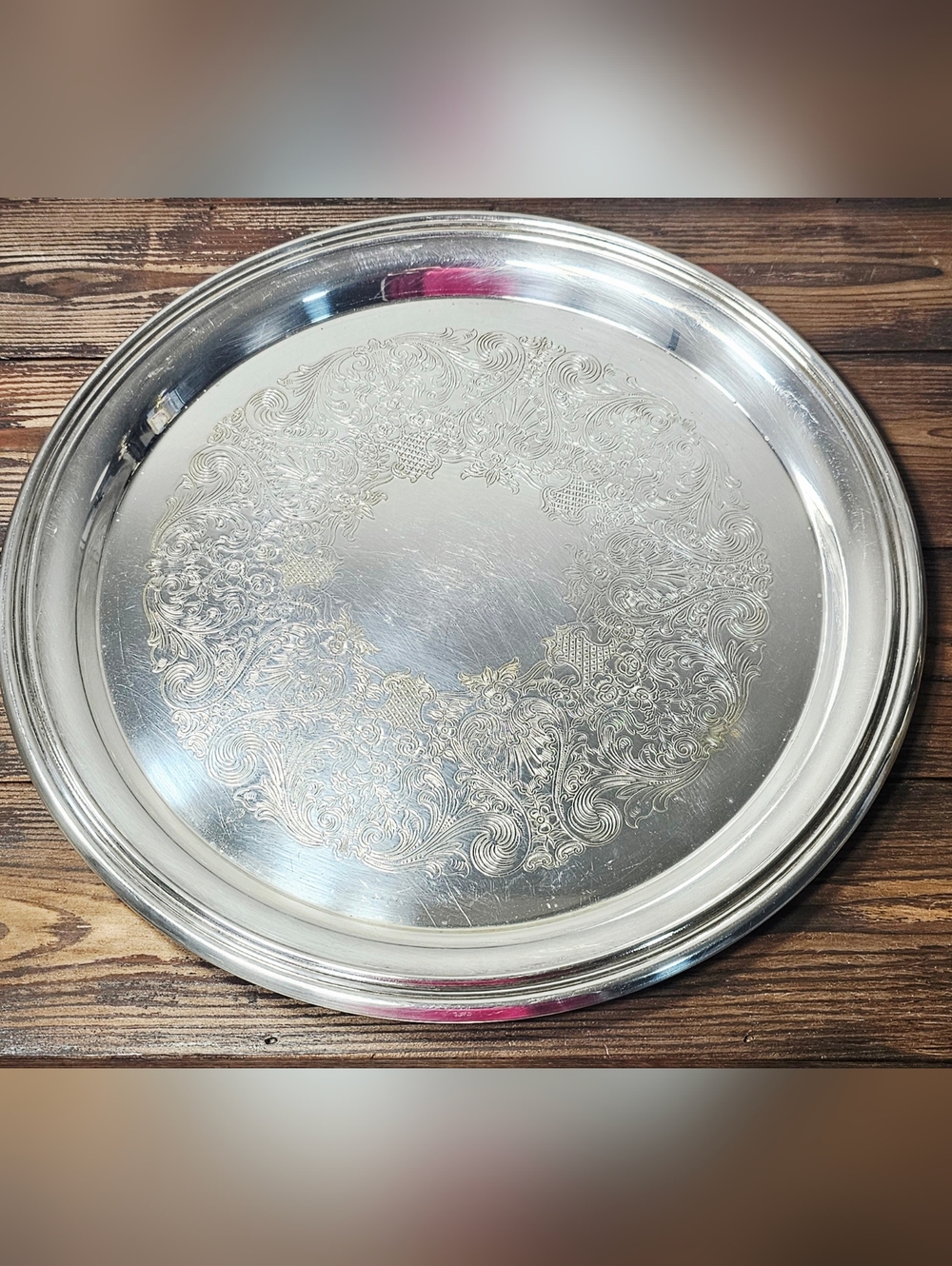 Wm Rogers Silverplate Tray 12” Round Ornate Engraved Vintage